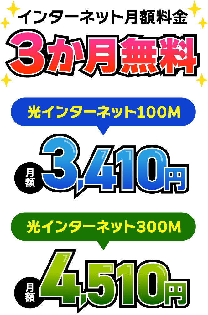 インターネット月額料金3か月無料　光インターネット100M　月額3,410円　光インターネット300M　月額4,510円